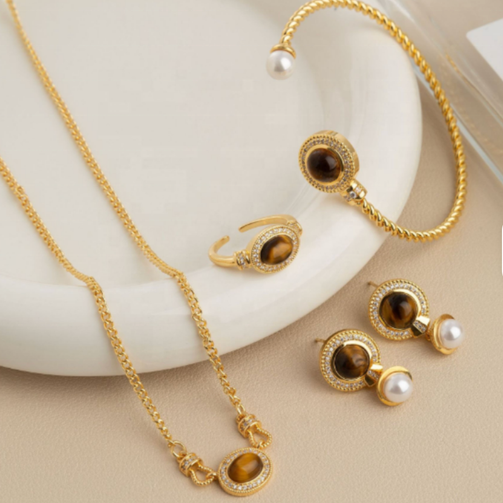 Vintage Tiger’s Eye & Pearl Pavé Set
