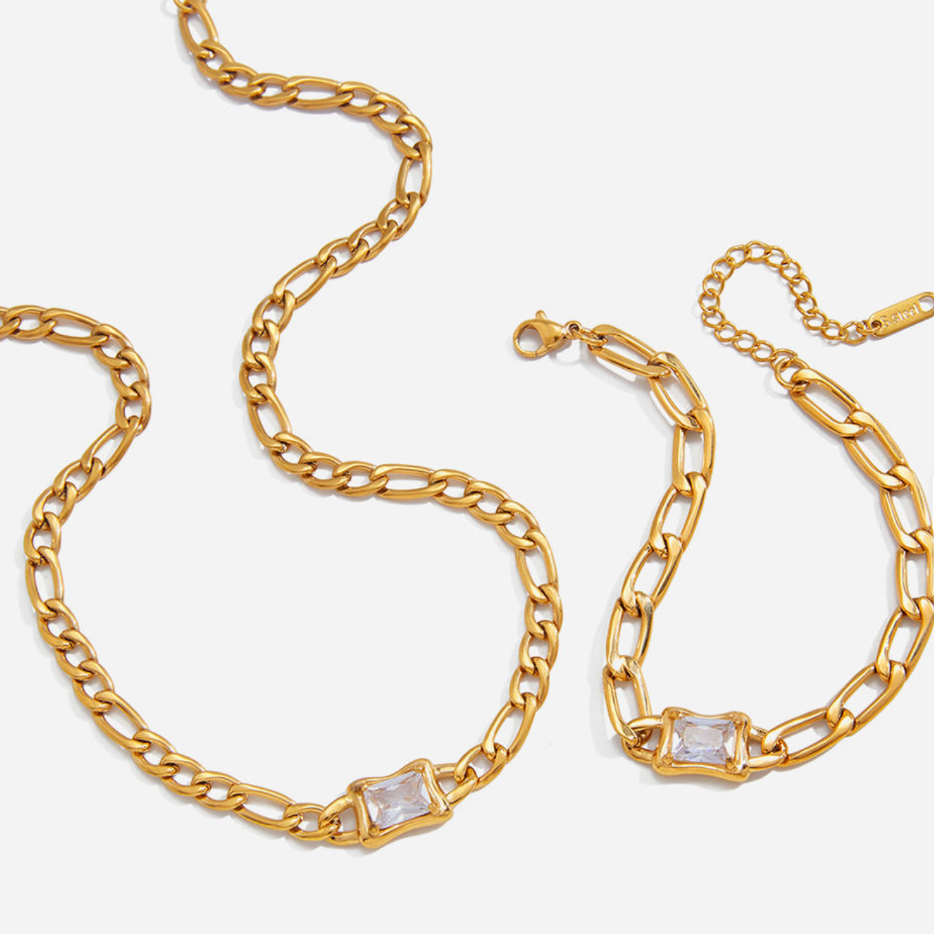Emerald-Cut Crystal Figaro Chain Set